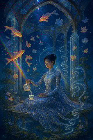 Celestial Tea Ceremony in a Gravity-Bending Garden'