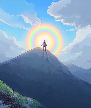 Mountaintop and rainbow halo'