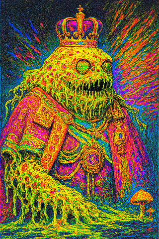 Hyper advanced Noble Slime Mold Monarchy draped in arsenic soaked relics of the United Kingdom 999 million years past human survival radiosynthesis energy uptake survival'