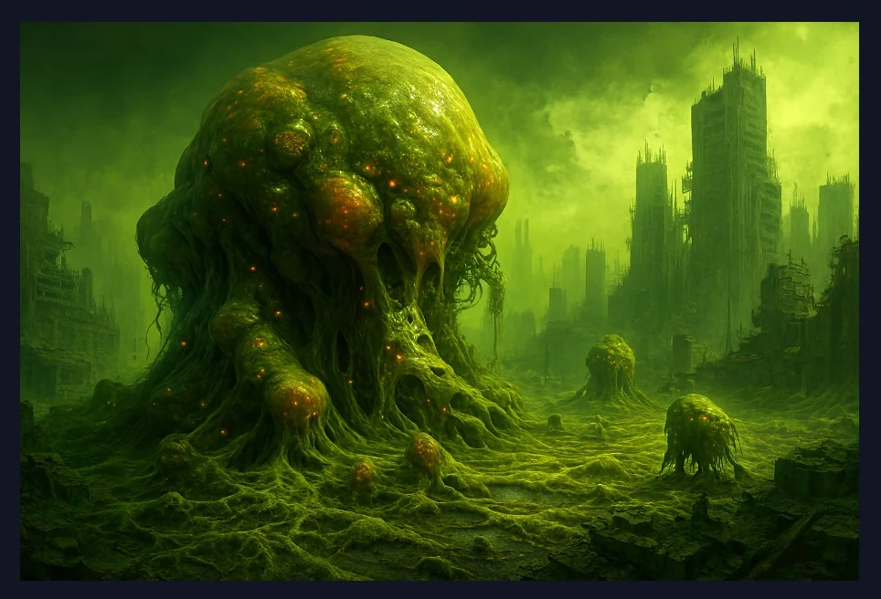 Hyper advanced Noble Slime Mold Monarchy draped in arsenic soaked relics of the United Kingdom 999 million years past human survival radiosynthesis energy uptake survival picture 2 of 2