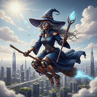 Modern witch on a broom'