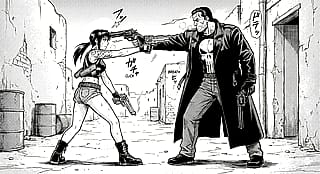 Revy (Black Lagoon) in a Mexican Standoff with The Punisher (Garth Ennis’s version from Punisher Max in 2004).'