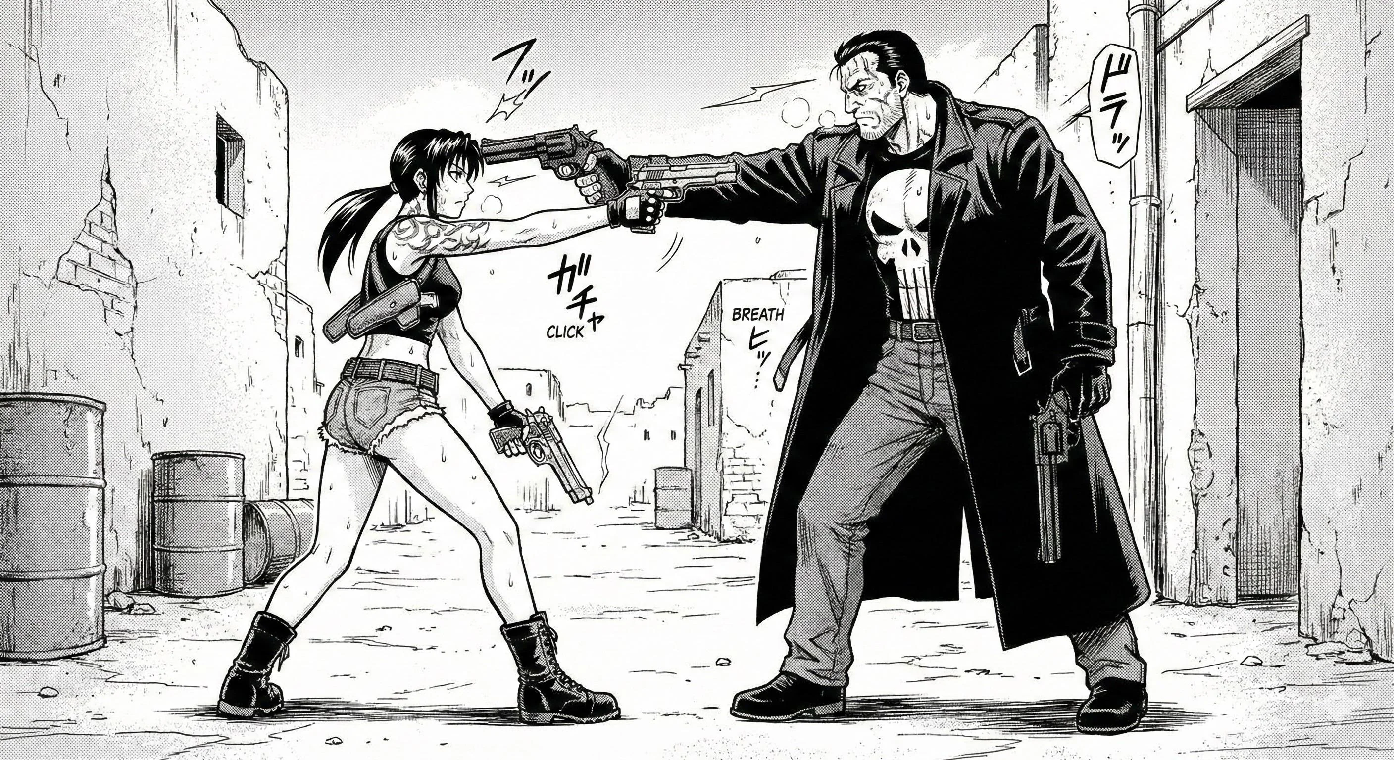 Revy (Black Lagoon) in a Mexican Standoff with The Punisher (Garth Ennis’s version from Punisher Max in 2004). picture 1 of 1