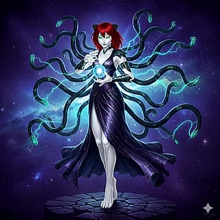 a black eldritch trans catgirl with white skin, red hair, black cat ears and black psychic tendrils'