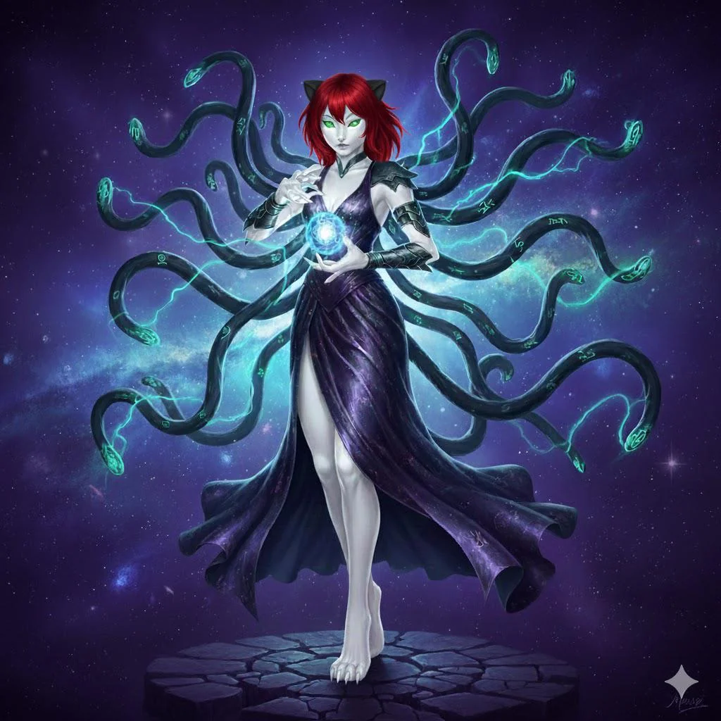 a black eldritch trans catgirl with white skin, red hair, black cat ears and black psychic tendrils picture 1 of 1