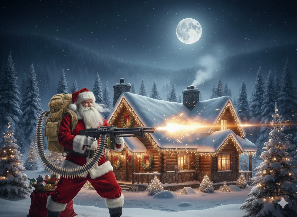 Can't get Santa from Scrooged just right. How can I get the minigun accurate in Gemini? I asked Gemini and used its prompt. ChatGPT does a better minigun but the Gemini scene is way better. picture 1 of 1