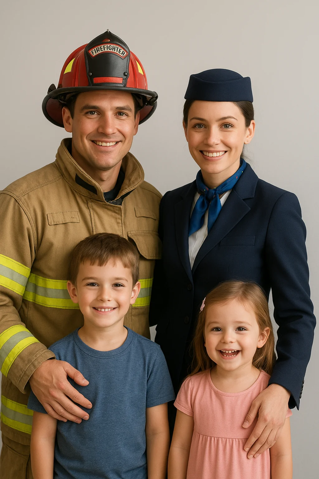 Firefighter and flight attendant with family picture 1 of 1