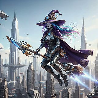 Futuristic robot witch flying on a broom stick'