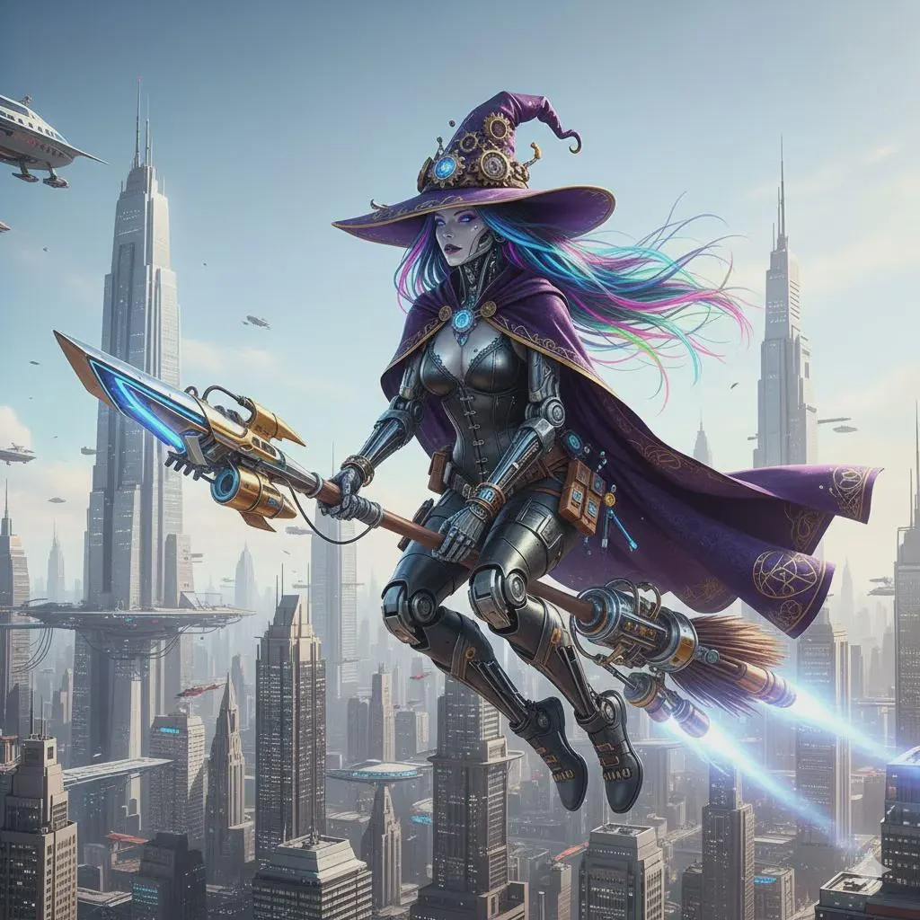 Futuristic robot witch flying on a broom stick picture 1 of 1