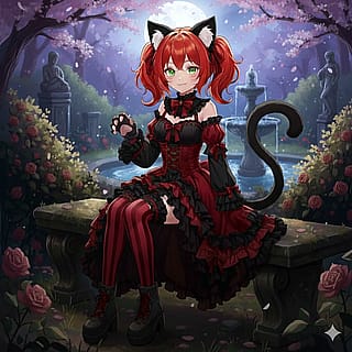 An anime vampire catgirl with red hair and green eyes.'