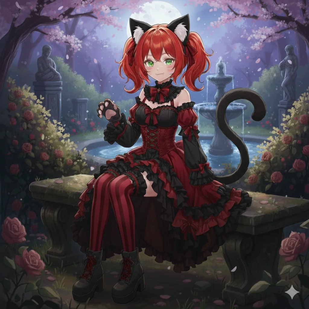 An anime vampire catgirl with red hair and green eyes. picture 1 of 1