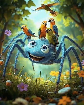 Giant spider and parrots - naturally (starryai)'