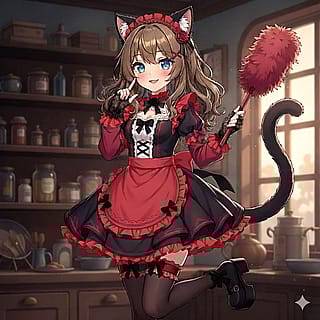 Dark blonde haired blue eyed anime catgirl with black ears and tail in a red and black maid outfit'
