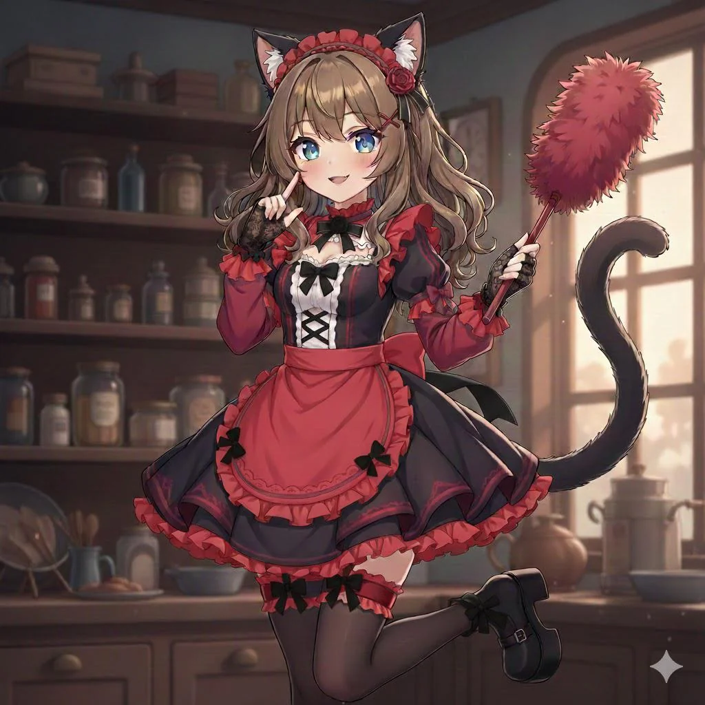 Dark blonde haired blue eyed anime catgirl with black ears and tail in a red and black maid outfit picture 1 of 1