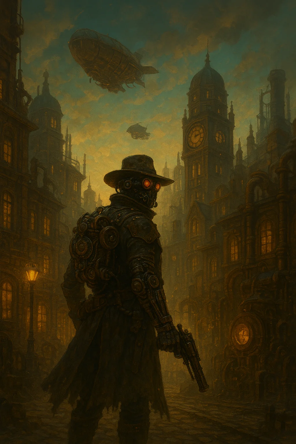 Asked for an image of a cyberpunk steampunk world picture 1 of 1