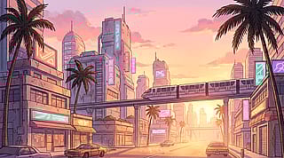 Retro city sunset — testing softer neon colors with AI'