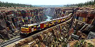 A diesel locomotive, fully painted in Mondrian-style'