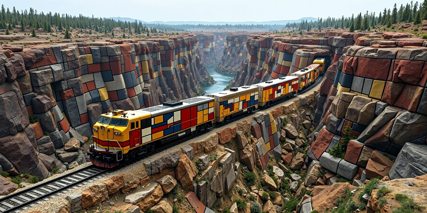 A diesel locomotive, fully painted in Mondrian-style picture 1 of 1