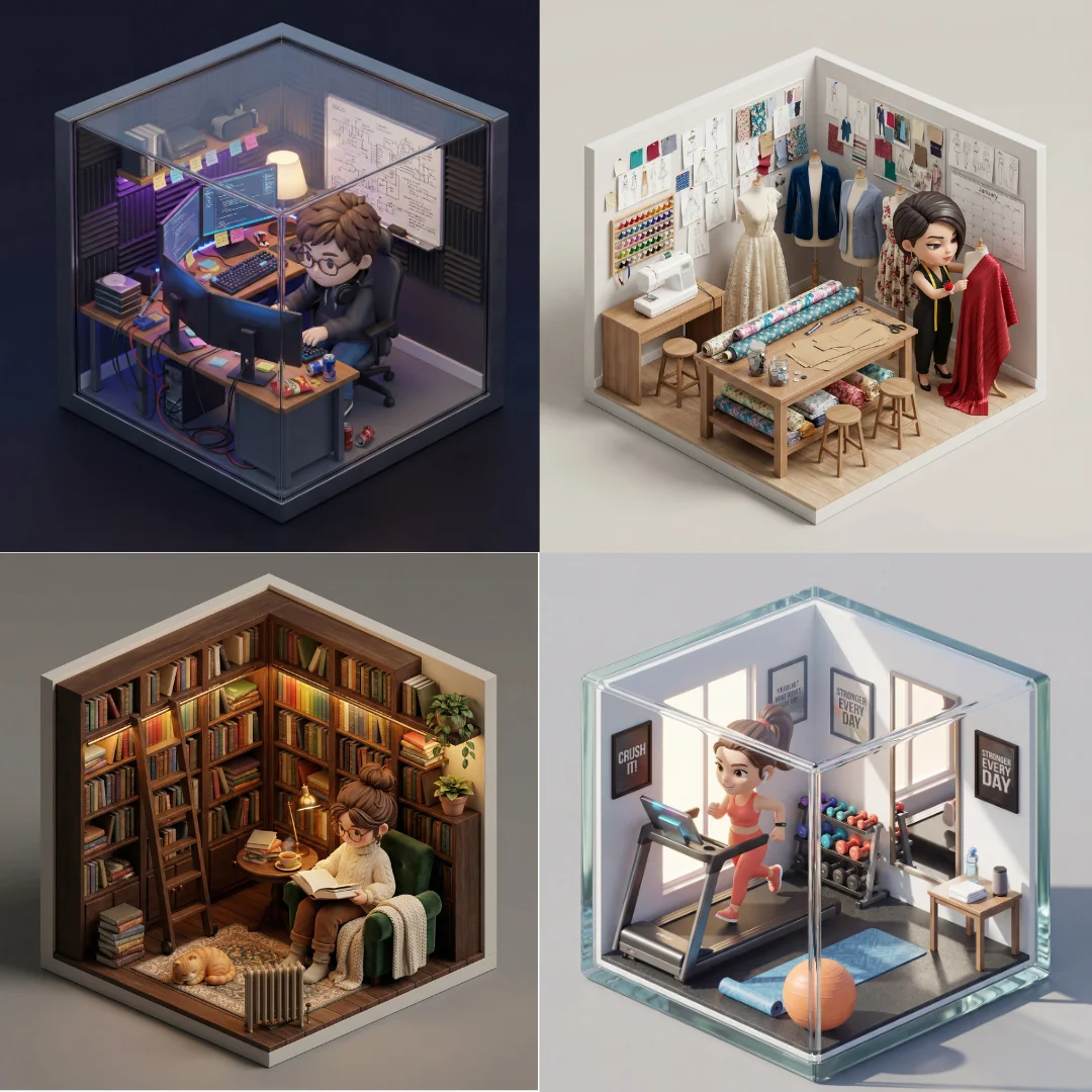 How to achieve 3D miniature isometric room with yourself included ? Here is my prompt picture 1 of 1