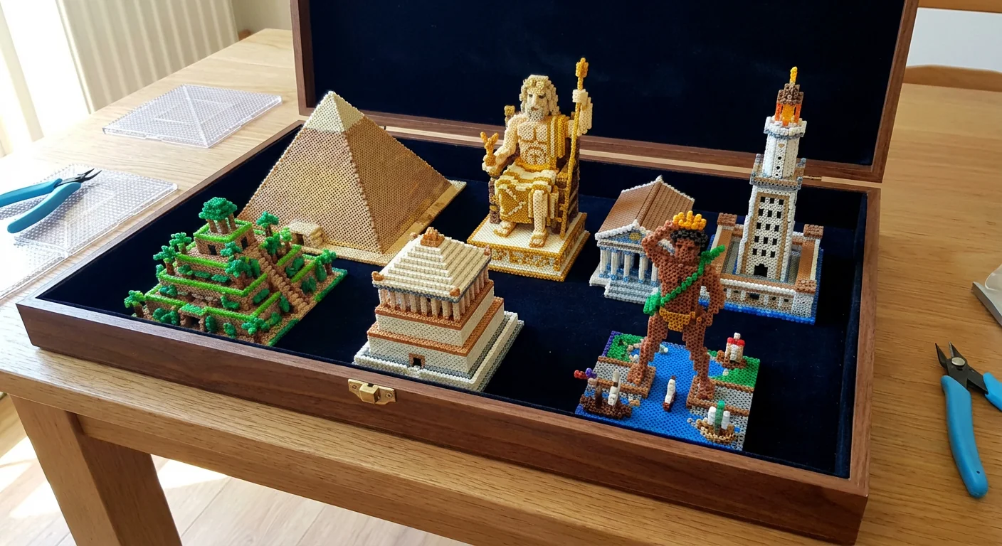 Prompt: "The box contains exquisite 3D Perler bead figurines representing the Seven Wonders of the Ancient World." picture 1 of 1