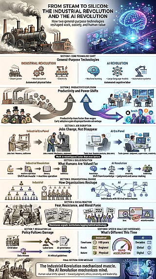 A massive, structured infographic comparing the Industrial and AI Revolutions'