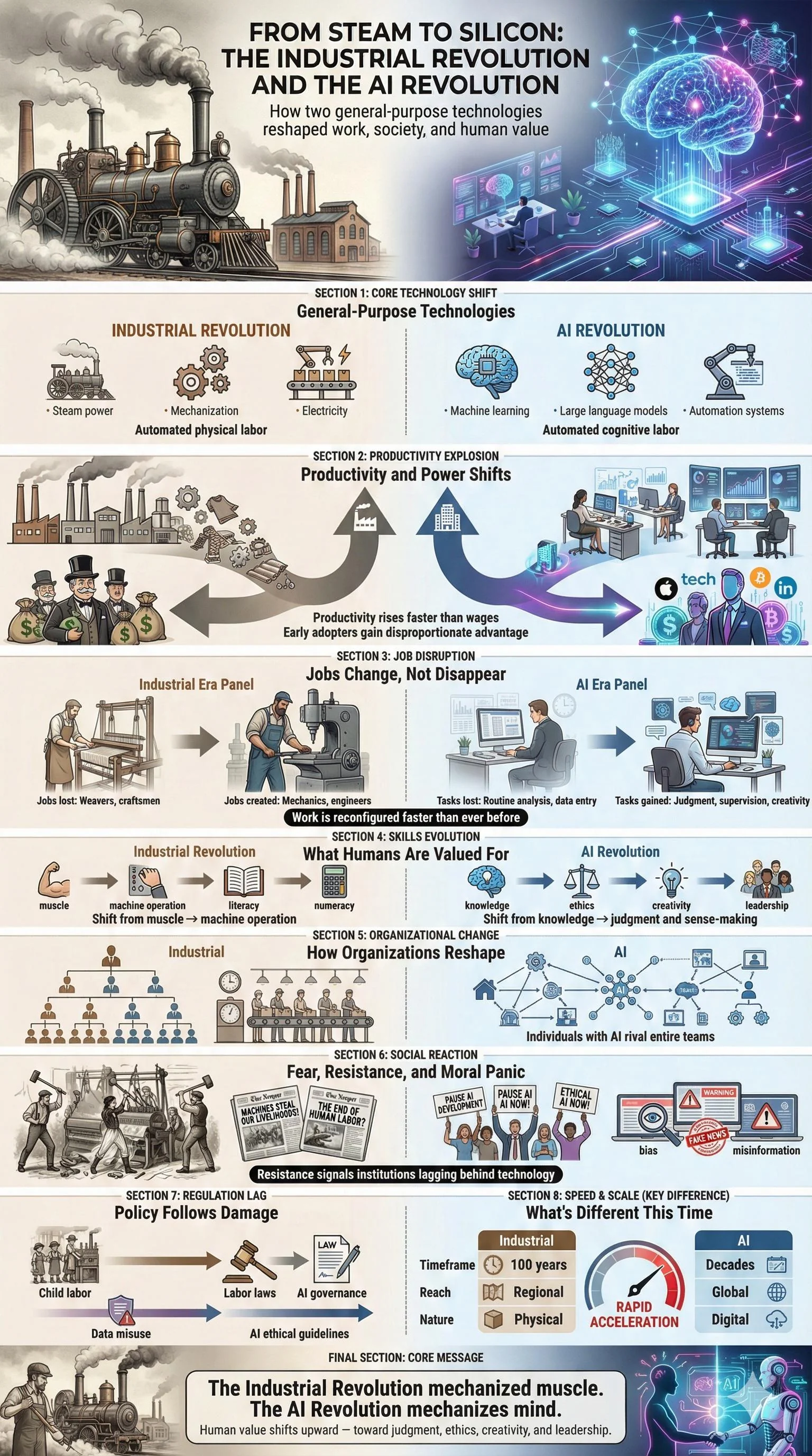 A massive, structured infographic comparing the Industrial and AI Revolutions picture 1 of 1