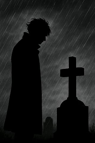 Silhouette at a Graveyard. Sad atmosphere.'