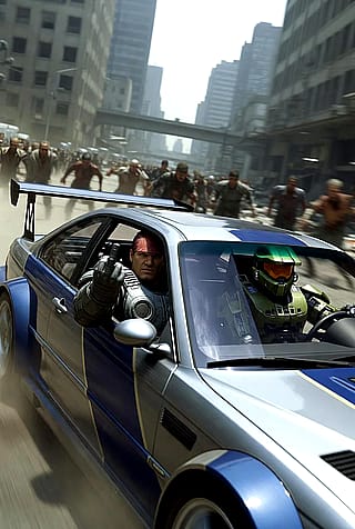 Marcus Fenix and Master Cheif driving The Need For Speed BMW through a Zombie Apocalypse'