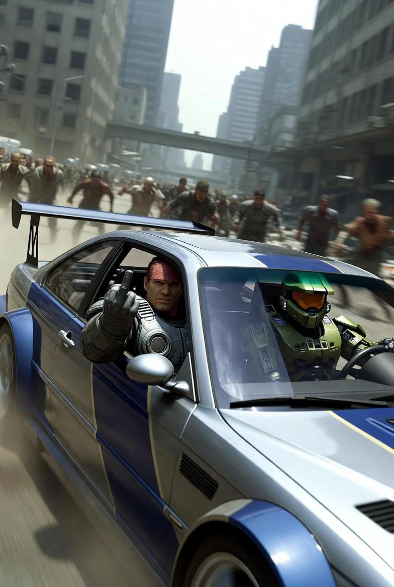 Marcus Fenix and Master Cheif driving The Need For Speed BMW through a Zombie Apocalypse picture 1 of 1
