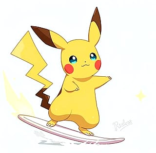 Pikachu on a surfboard'