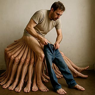 Putting on pants with 30 legs'