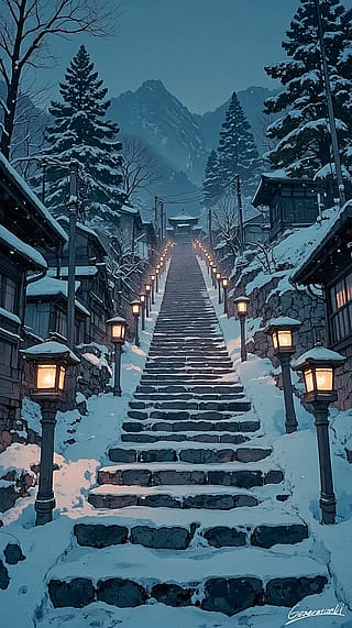 Lantern-Lit Stairs Leading to the Winter Mountains / Phone Wallpaper Archives'