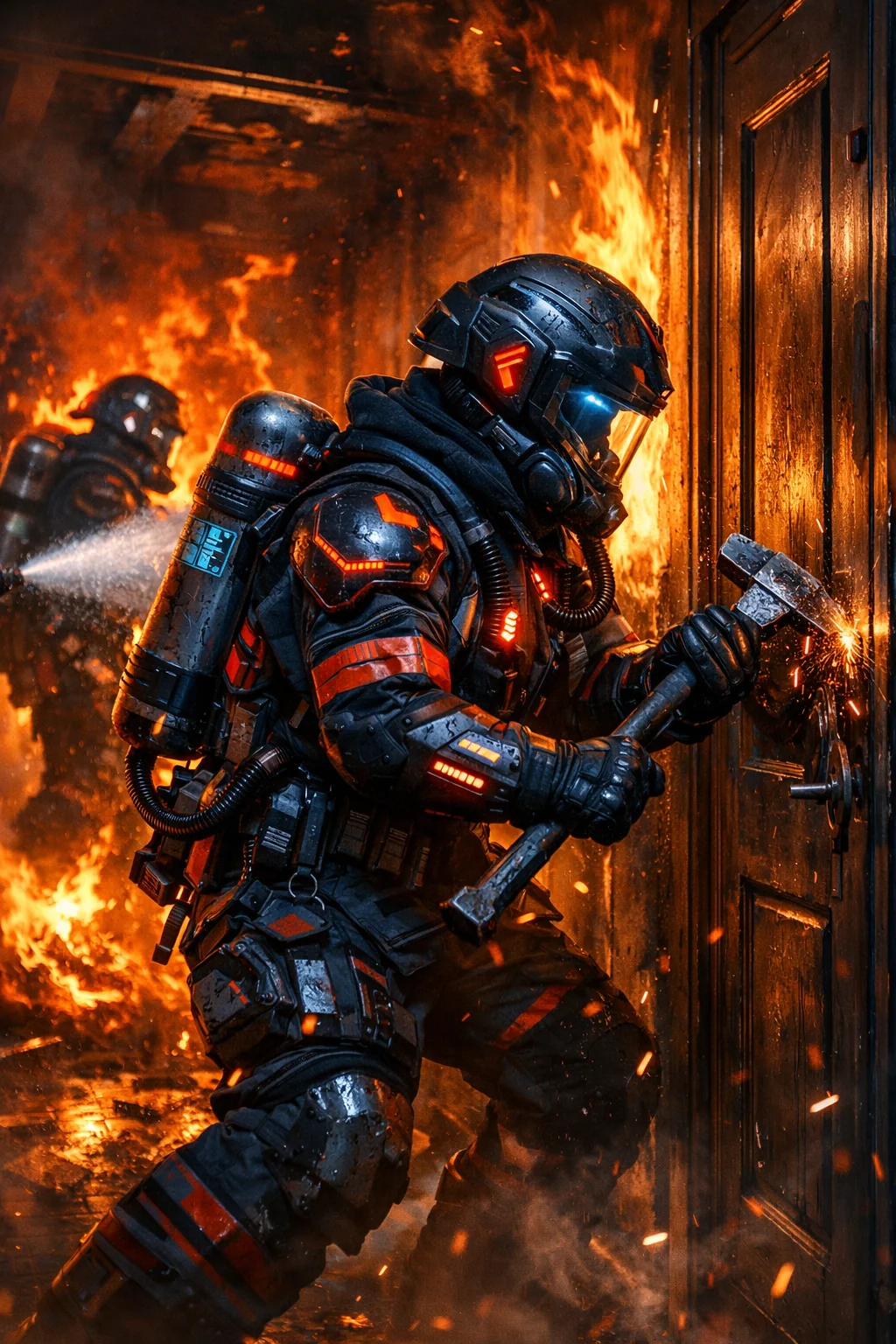 Cyberpunk firefighter in action picture 1 of 1