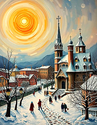 snowy town church'