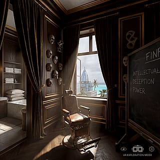 Jeffery Epstein's Manhatten apartment but it's a Myst puzzle game'
