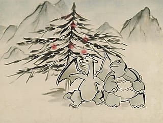 Charizard and Blastoise in a wintery traditional ink wash'