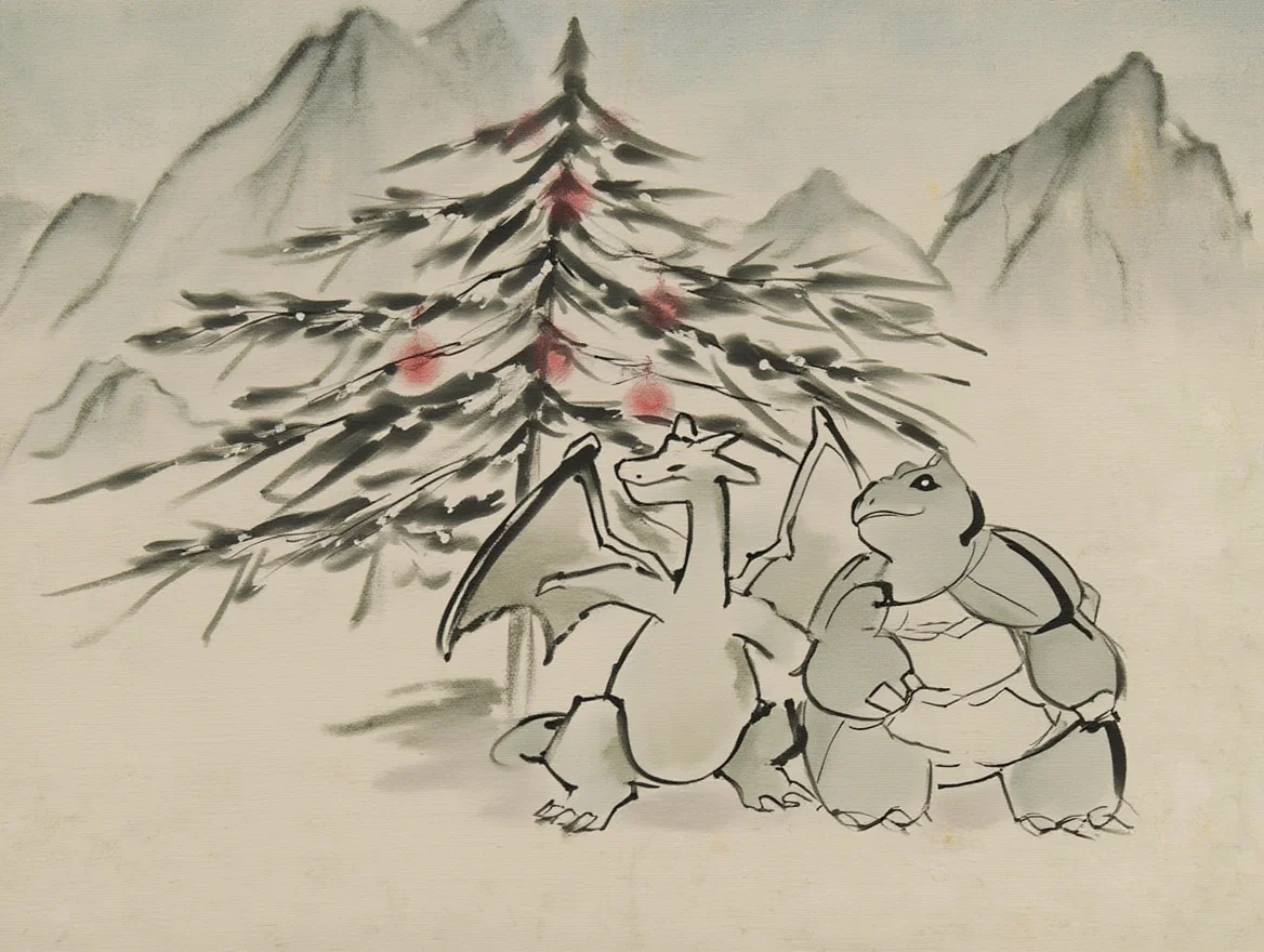 Charizard and Blastoise in a wintery traditional ink wash picture 1 of 1