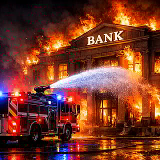 Fire truck putting out bank on fire'