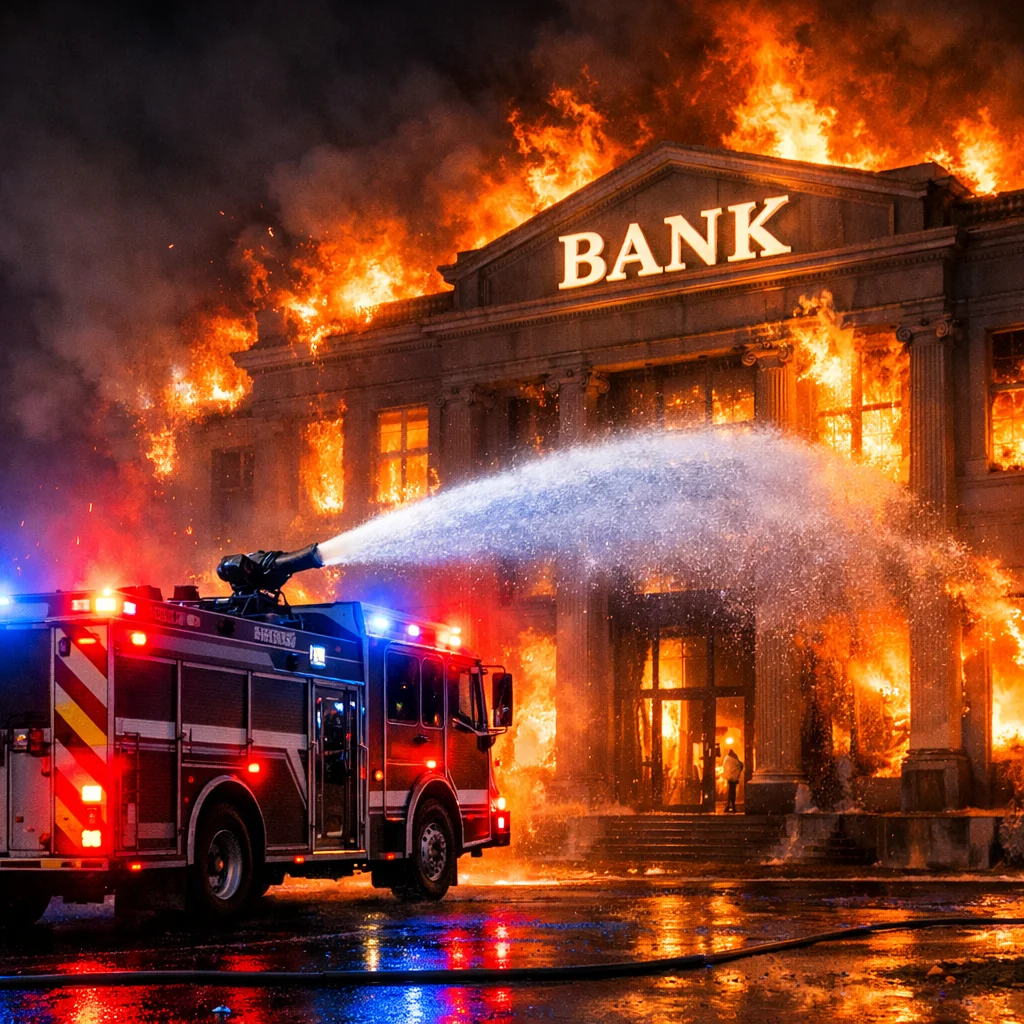 Fire truck putting out bank on fire picture 1 of 1