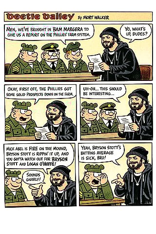 A Beetle Bailey comic strip staring Bam Margera and talking about the Philadelphia Phillies farm system'