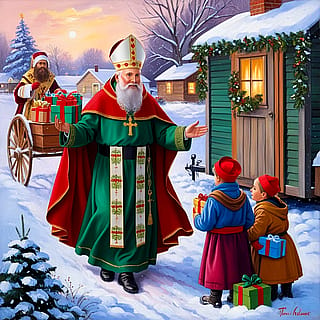 Saint Nicholas the Catholic Bishop comes from heaven to bring gifts Leonardo.ai and one Meta.ai'