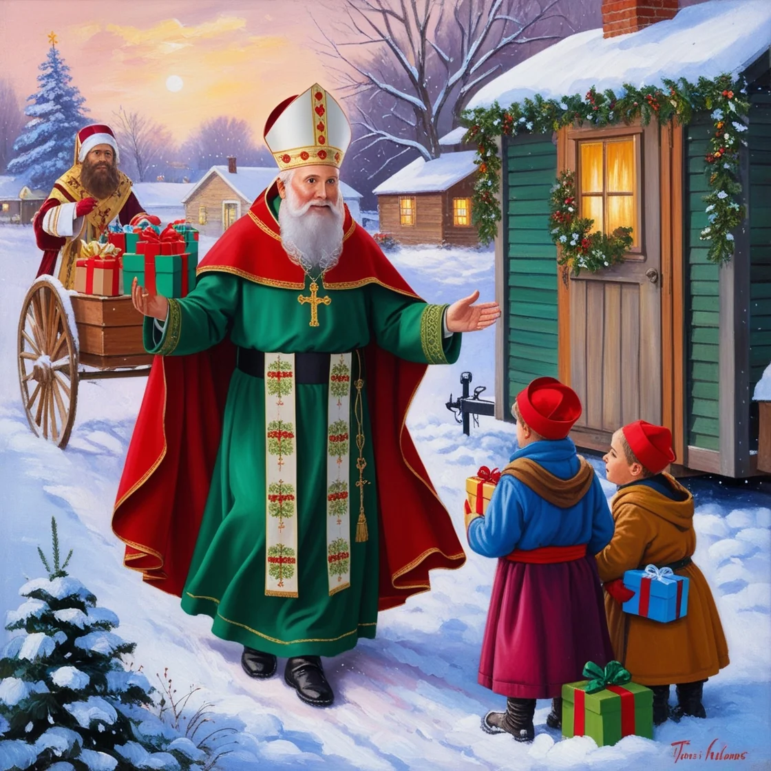 Saint Nicholas the Catholic Bishop comes from heaven to bring gifts Leonardo.ai and one Meta.ai picture 1 of 8