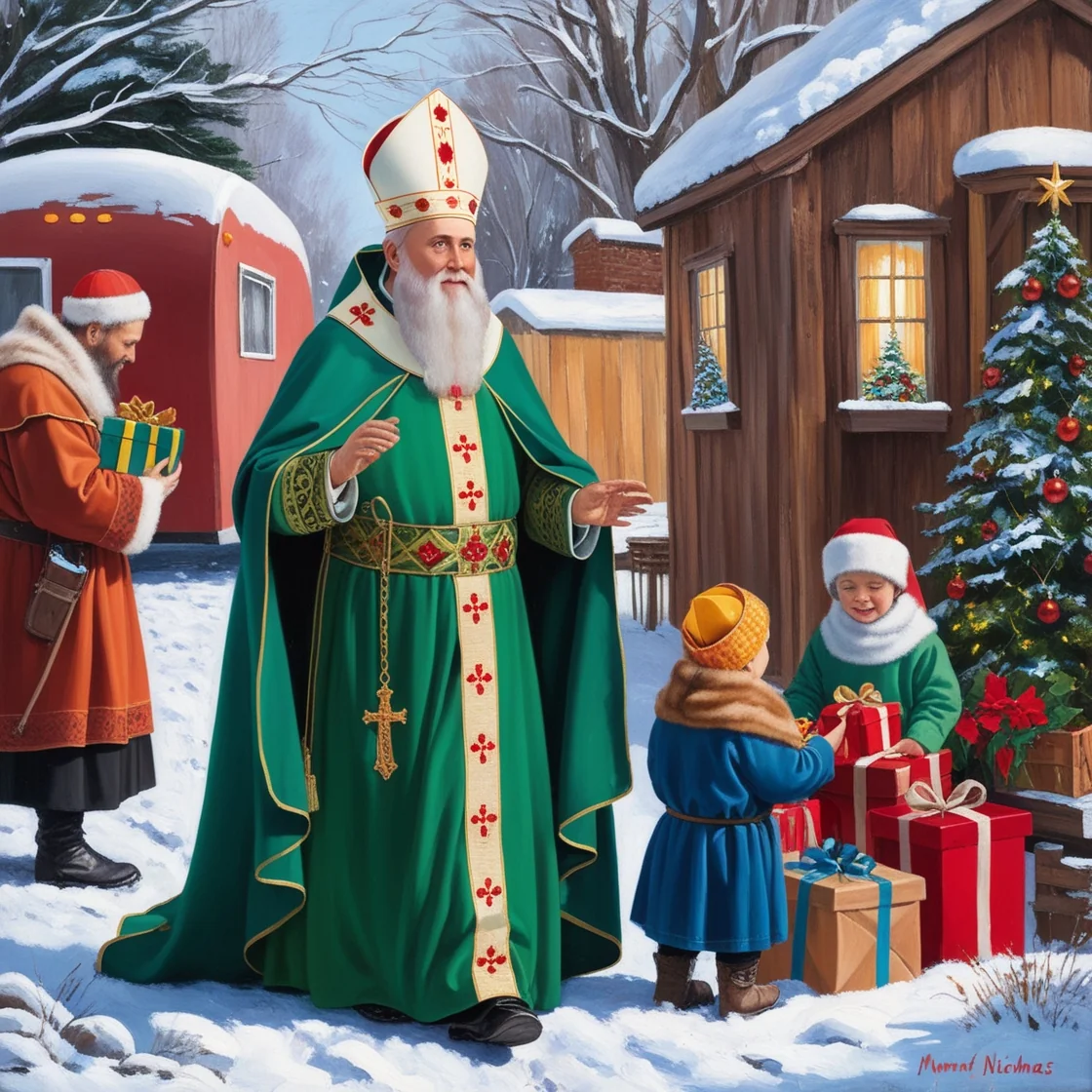 Saint Nicholas the Catholic Bishop comes from heaven to bring gifts Leonardo.ai and one Meta.ai picture 4 of 8