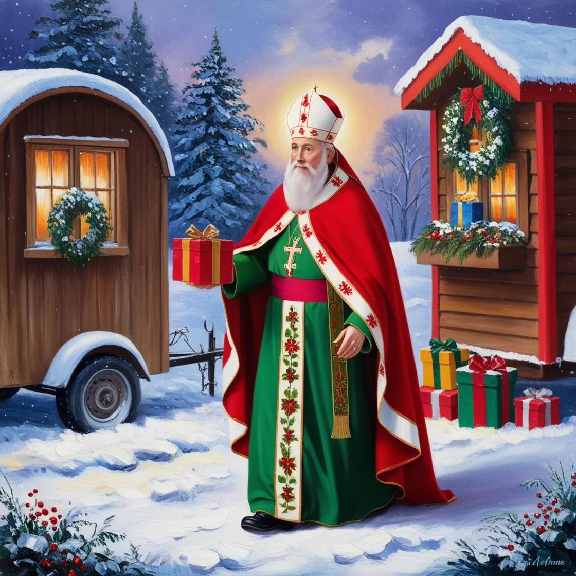 Saint Nicholas the Catholic Bishop comes from heaven to bring gifts Leonardo.ai and one Meta.ai picture 6 of 8