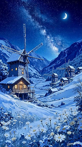 Windmill Village in the Snowy Mountains at Night / Phone Wallpaper Archives'