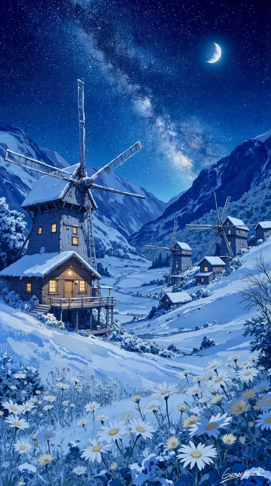 Windmill Village in the Snowy Mountains at Night / Phone Wallpaper Archives picture 1 of 1