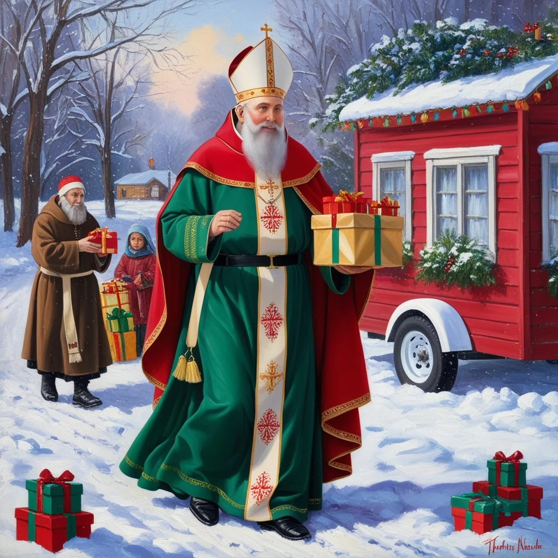 Saint Nicholas the Catholic Bishop comes from heaven to bring gifts Leonardo.ai and one Meta.ai picture 8 of 8