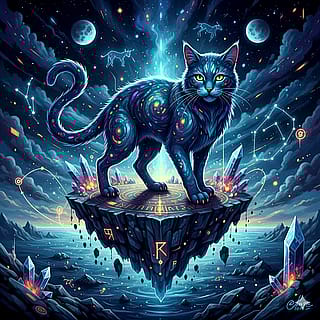Mythic Space Cat Standing on a Floating Rune Island'