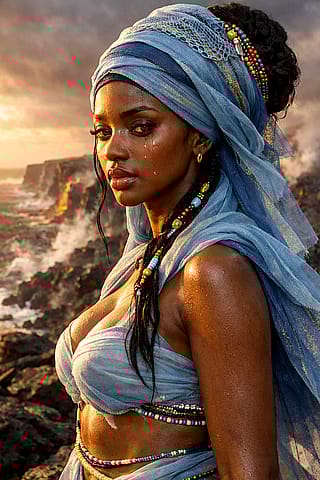 A mysterious lady with dark skin, special feature: Fabrics and pearls'