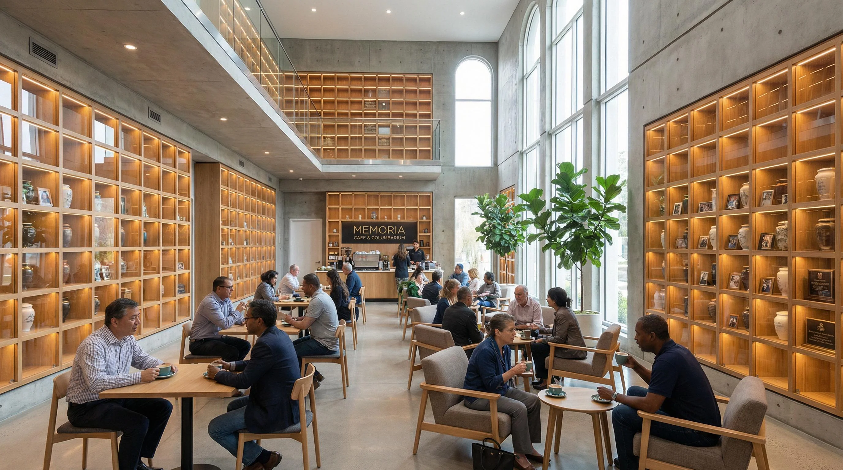 A modern indoor cemetery with a café. picture 1 of 1